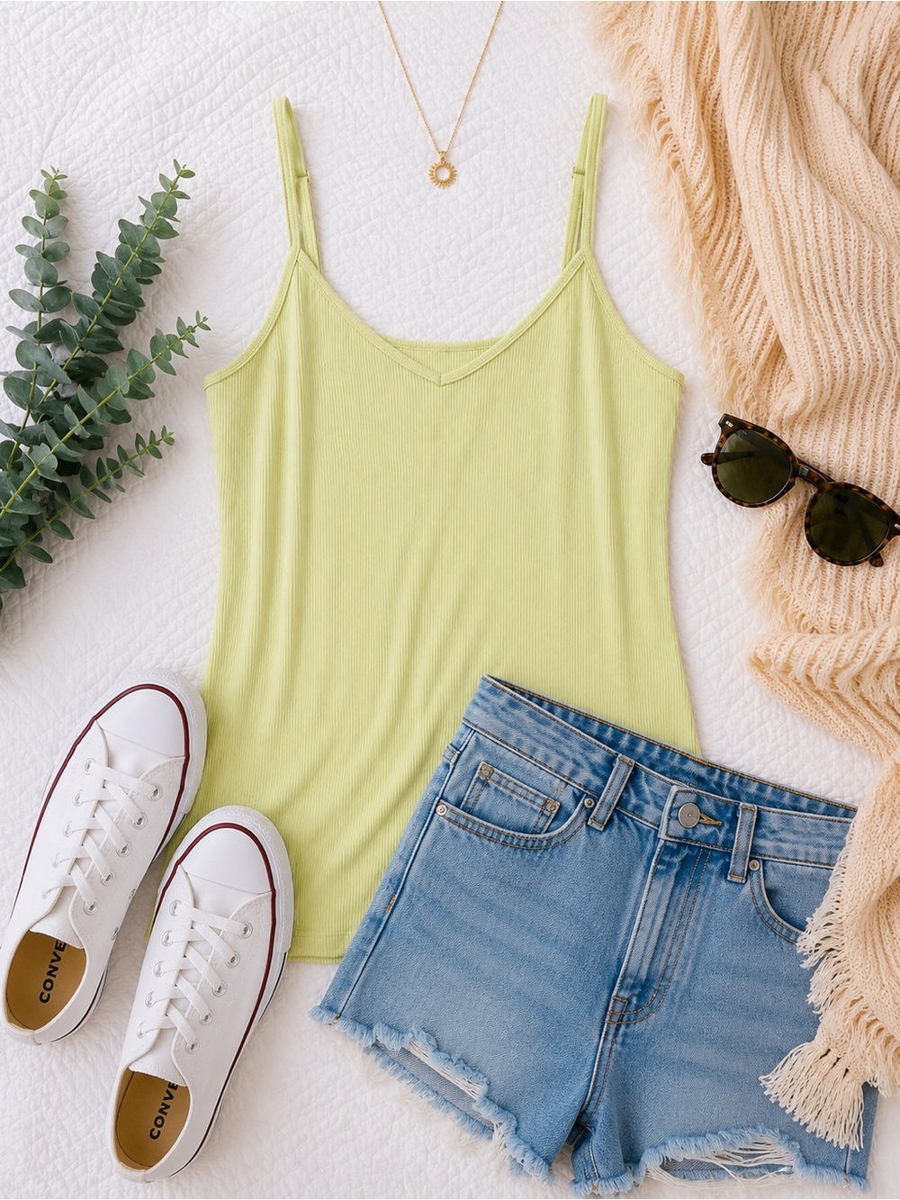 SO Favorite V-Neck Ribbed Cami Tank Lime Green 🍋‍🟩
